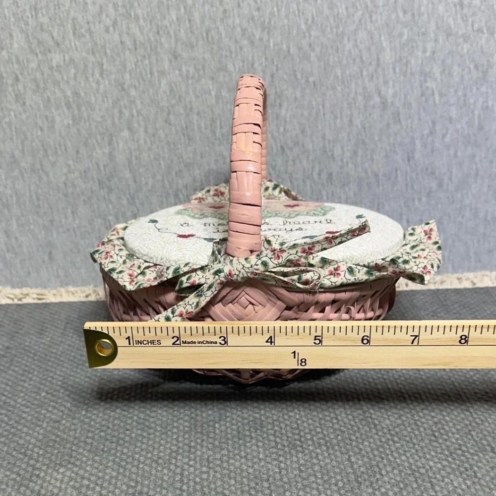 VTG Pastel Pink Wicker Thread Basket w/Embroidered Lid Cottagecore, Feminine